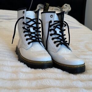Dr. Martens White Patent Lace-Up Combat Boots with Black Trim